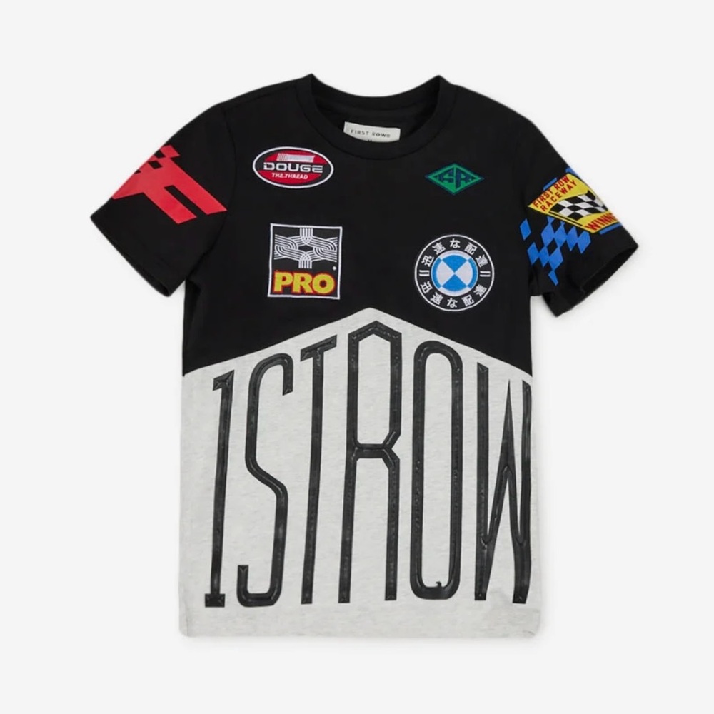 FIRST ROW Grade School Racing Graphic Tee Oversized Patches Adult Sz L NWT